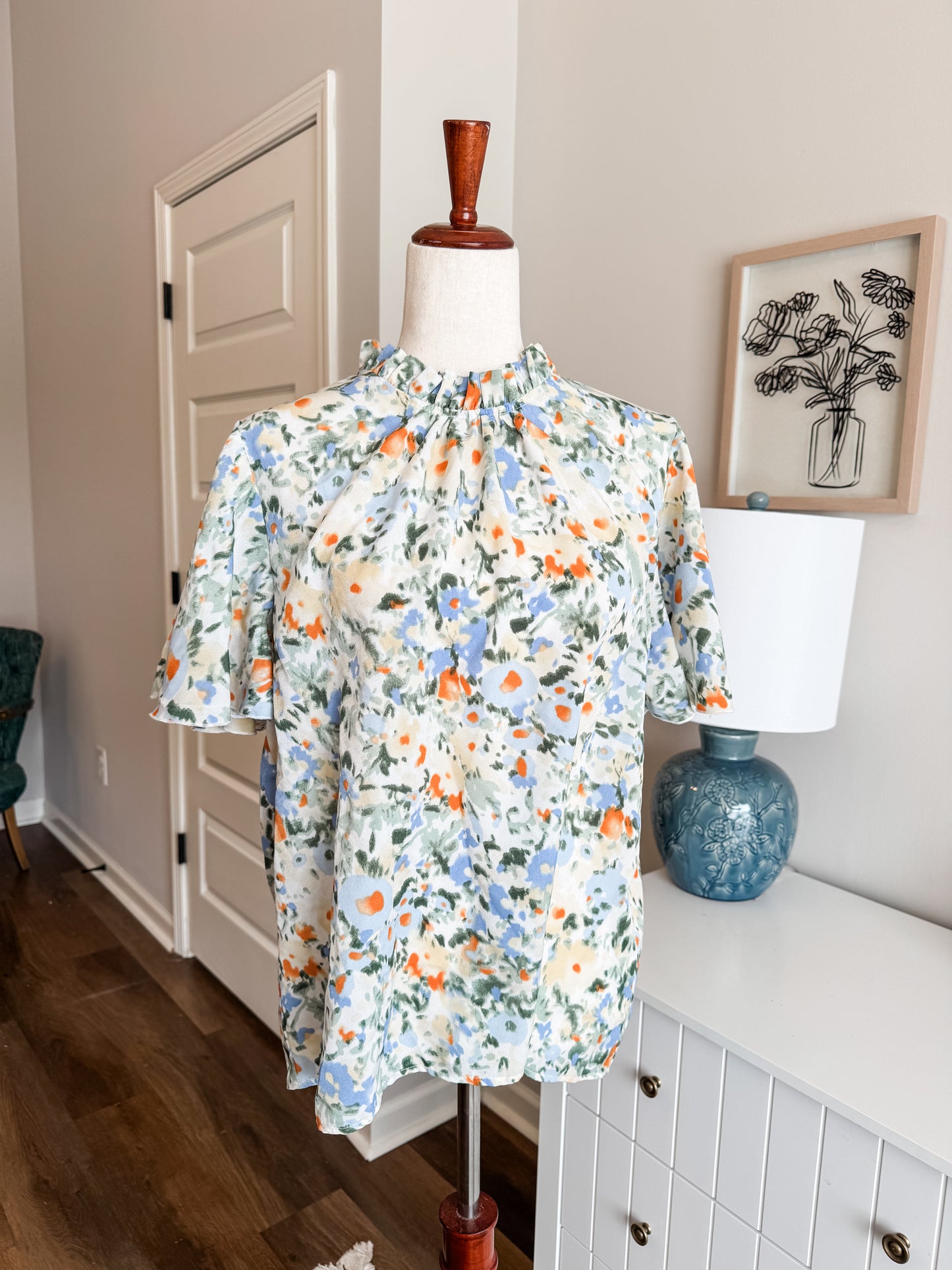 Green Blue Orange Print Top L/XL