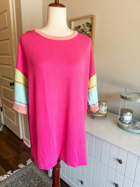 NEW Hot Pink Ribbed Colorful Sleeve Top