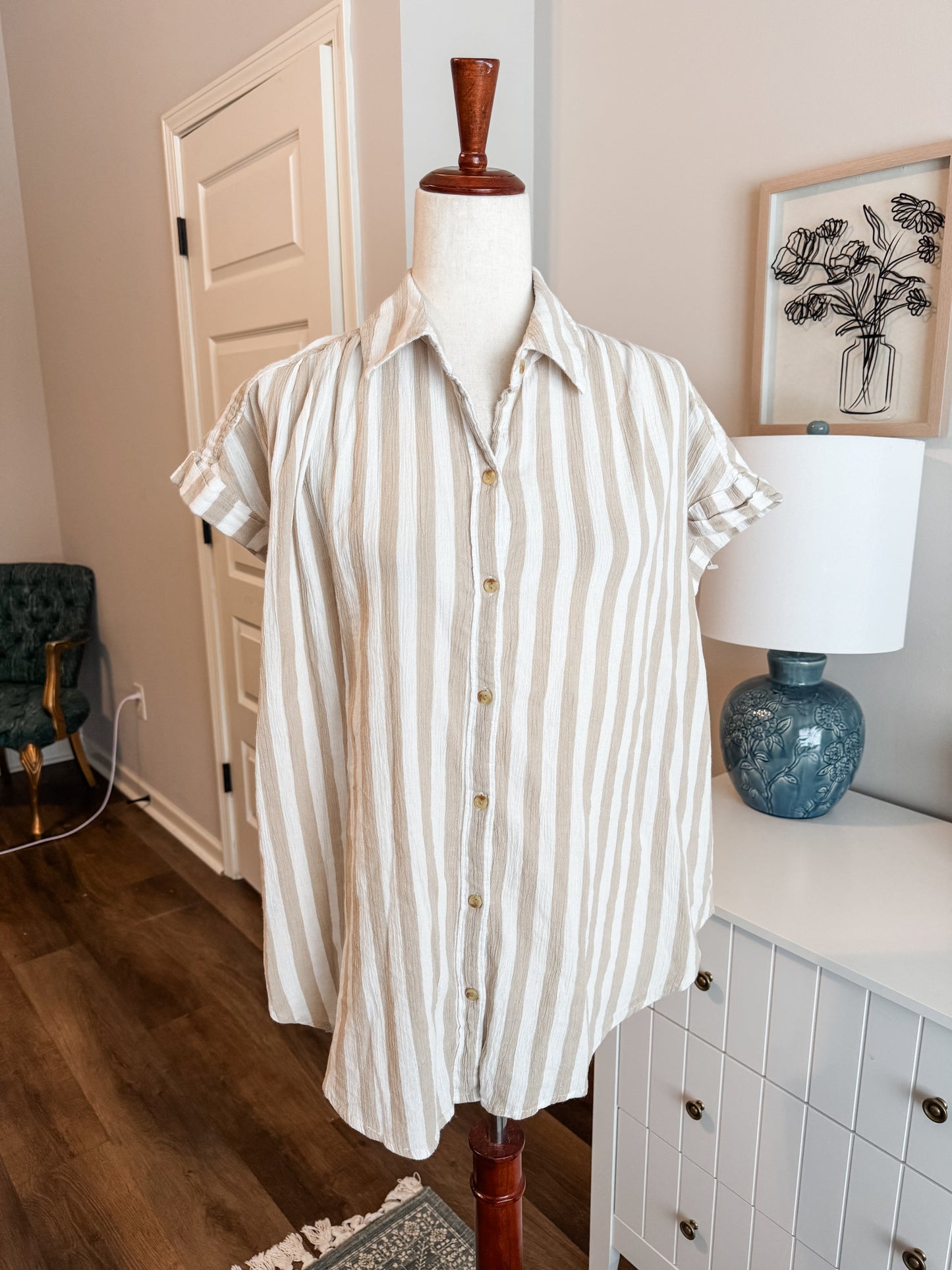 Brown White Striped Button Up L