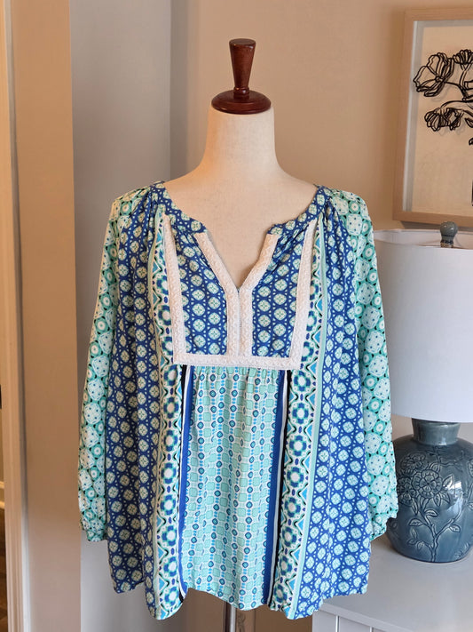 Mint Blue Print Blouse 2X
