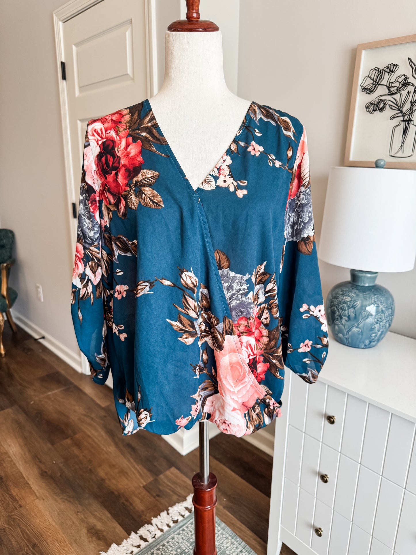 Dark Teal Floral Top L
