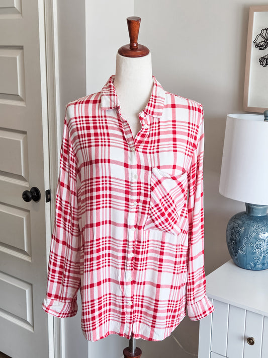 Red White Plaid Button Up M