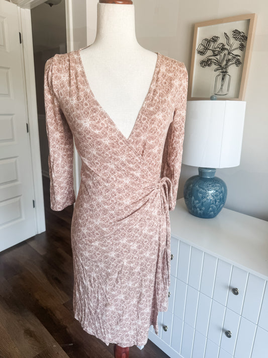 Tan Print Wrap Dress S