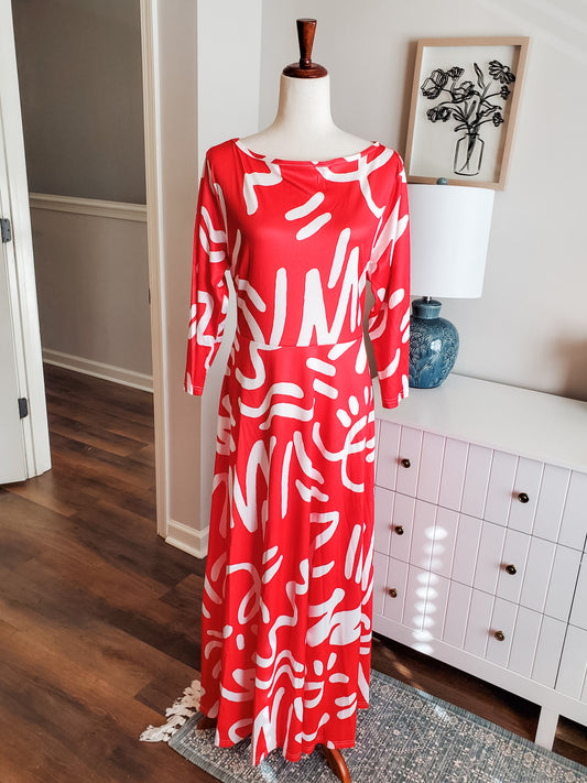 Red White Print Maxi Dress 1X