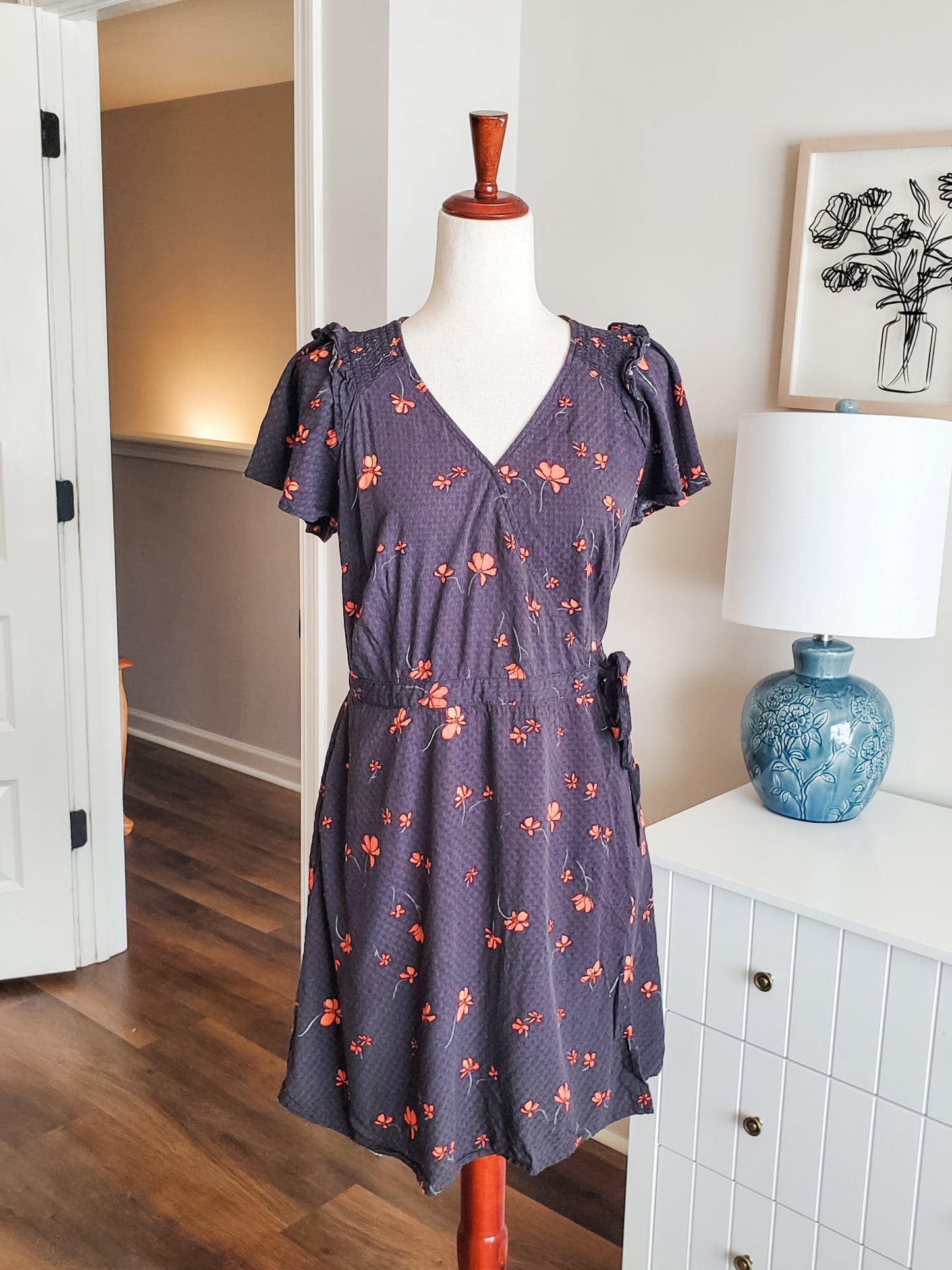 Gray Floral Wrap Dress S