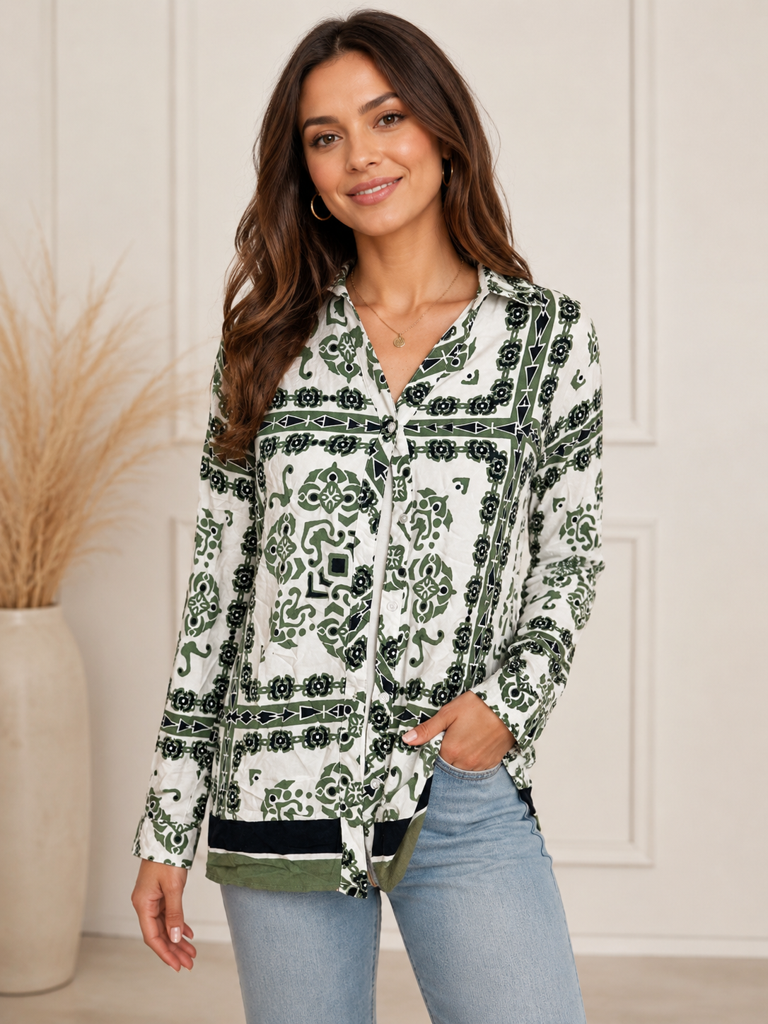Cream Green Black Print Button Up M