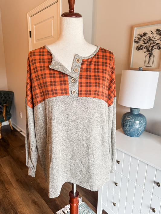 NEW Tan Orange Plaid Top M