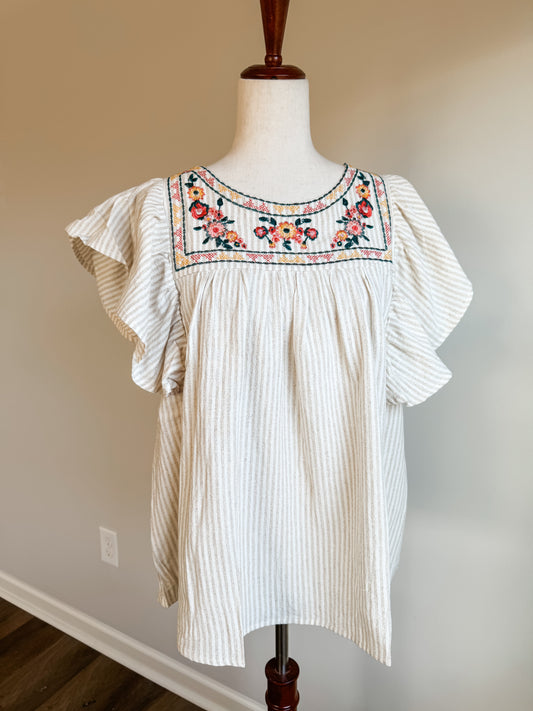 Tan Striped Embroidered Top M