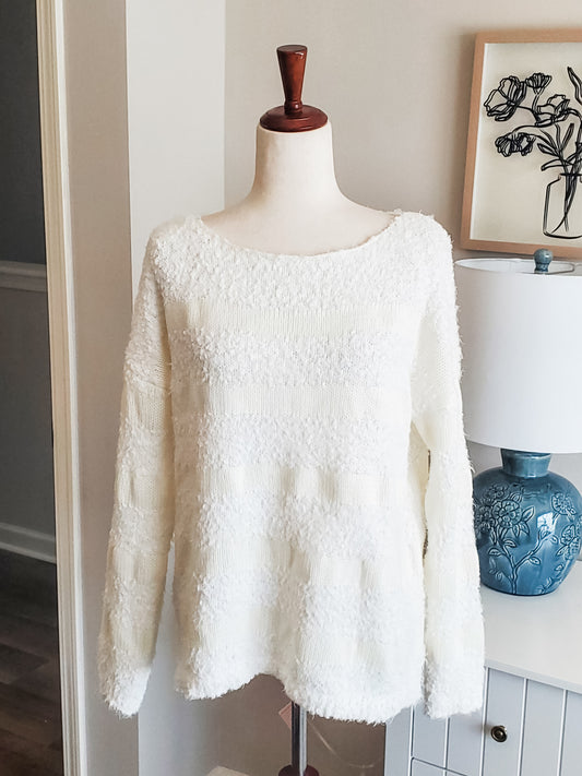 White Cream Fuzzy Striped Sweater S