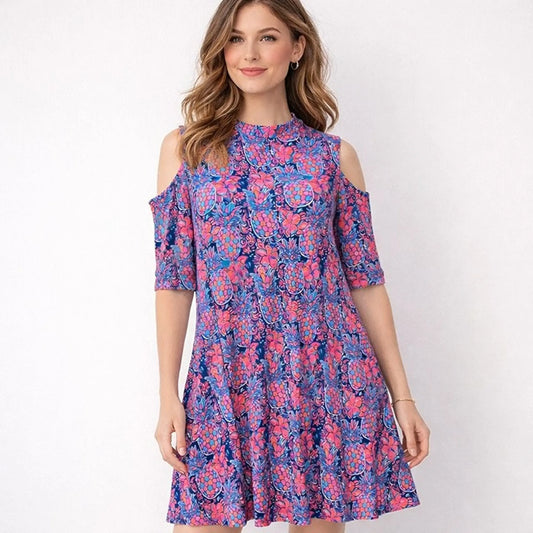 Pineapple Print Cold Shoulder Dress M