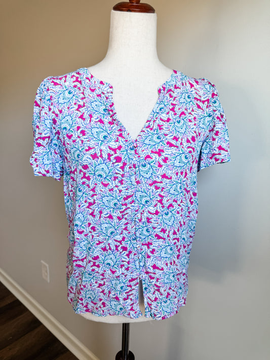 Pink Blue Green Print Blouse S