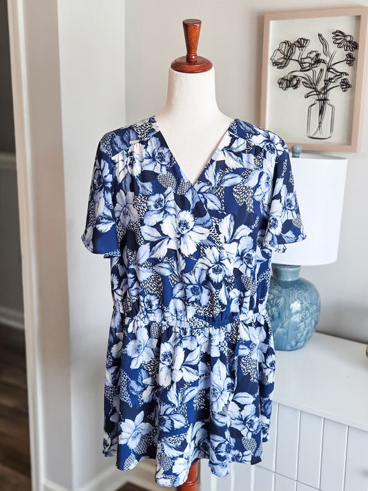 Navy Blue White Floral Top 16