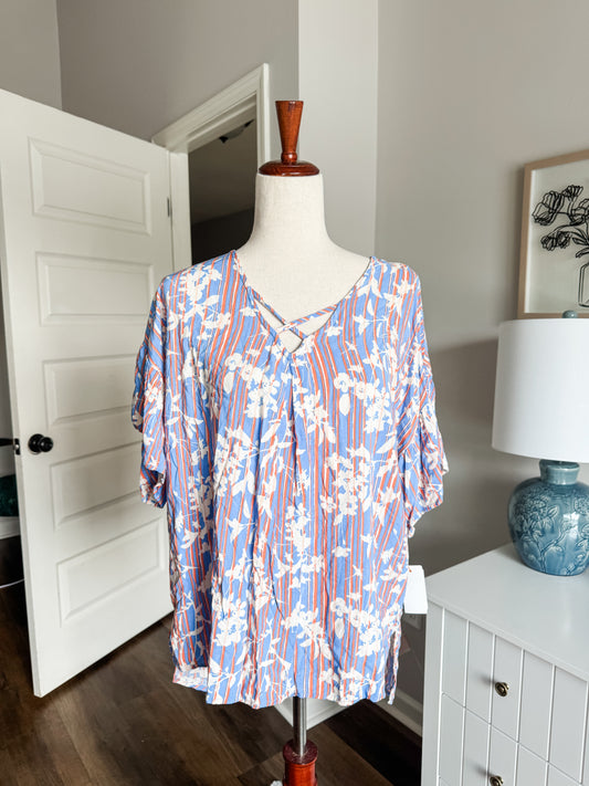 Blue Orange Striped Floral Top XL