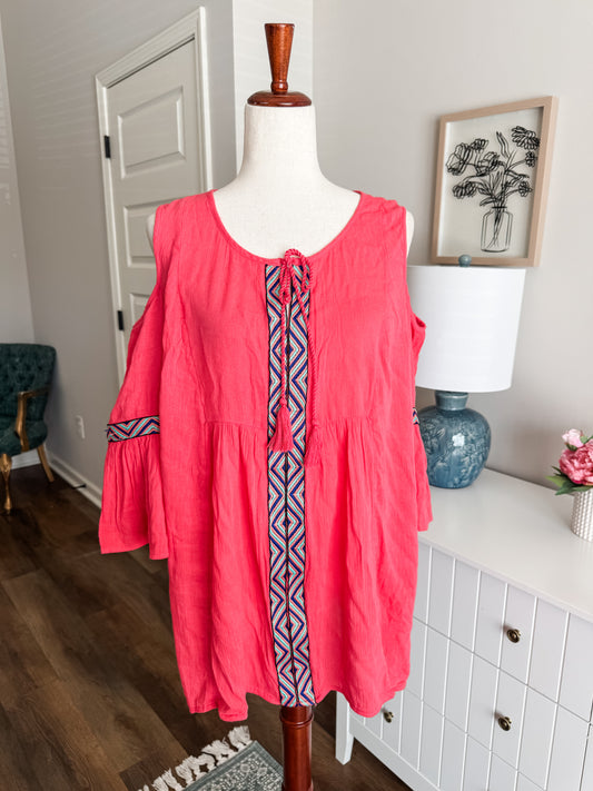 Pink Cold Shoulder Embroidered Top L