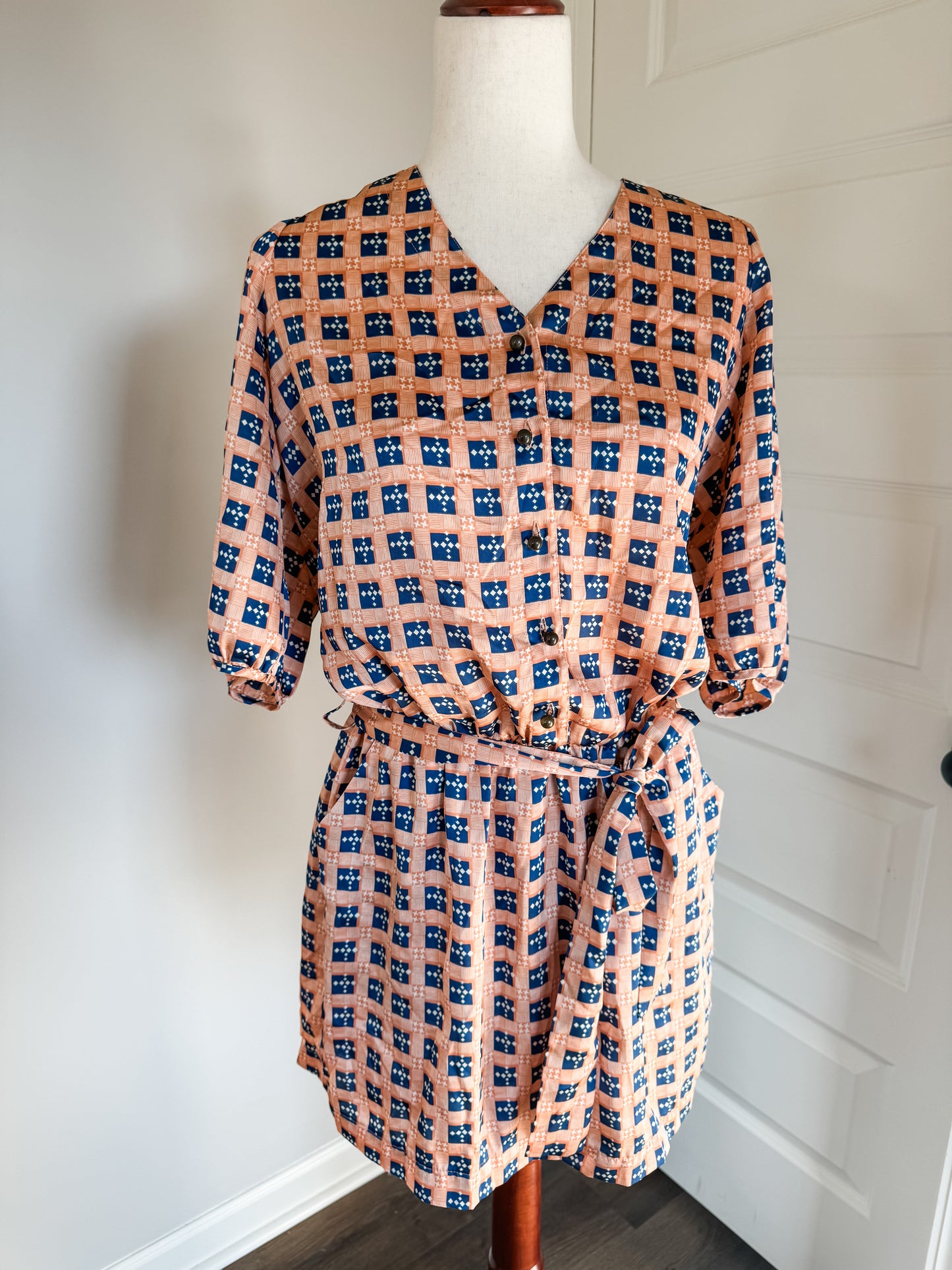 Peach Blue Print Dress M