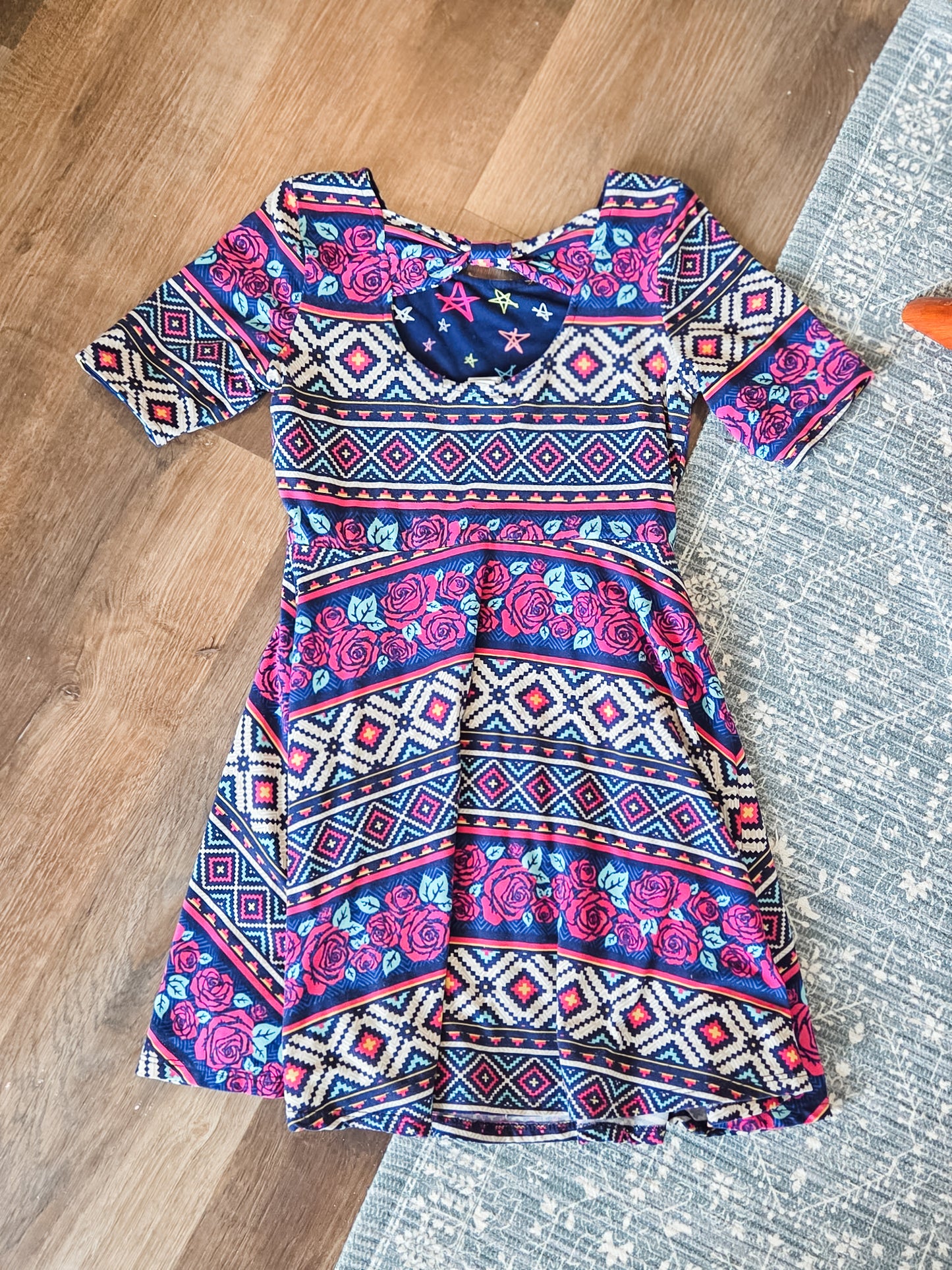 Navy Pink Print Dress Youth 8