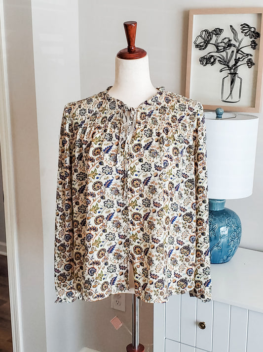 Tan Navy Mustard Floral Top M