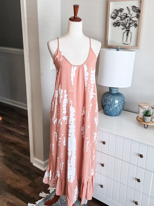 Pink White Print Maxi Dress S