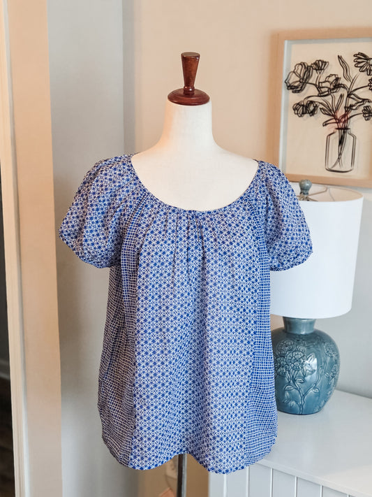 Blue White Print Cotton Top L