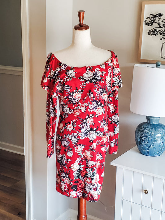 Burgundy Floral Fitted Dress M