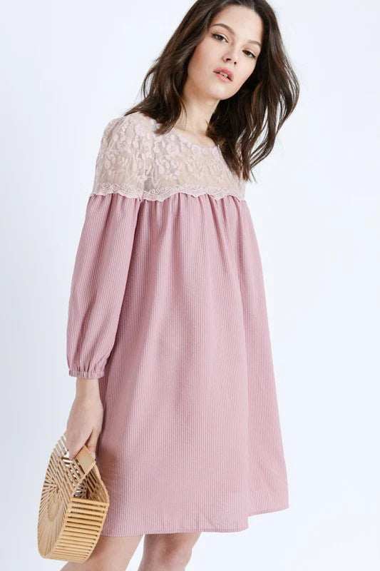 NEW Mauve Lace Yoke Mini Dress S