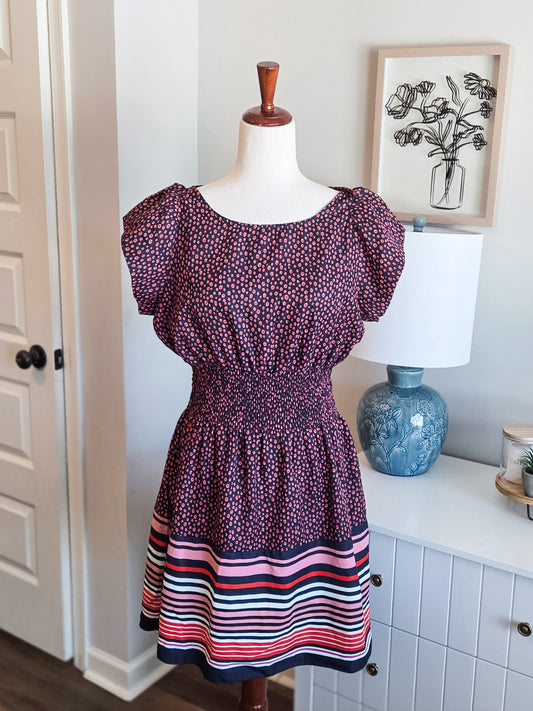 Burgundy Pink Blue Dotted/Striped Dress M