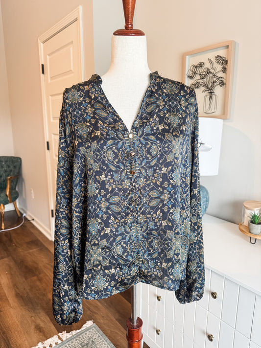 Navy Brown Green Floral Top XL