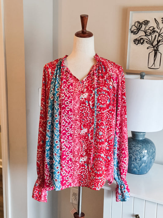 Pink Red Turquoise Floral Blouse L