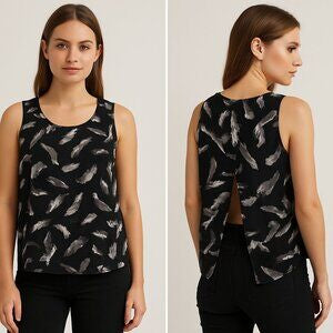 Black Feather Print Open Back Tank M