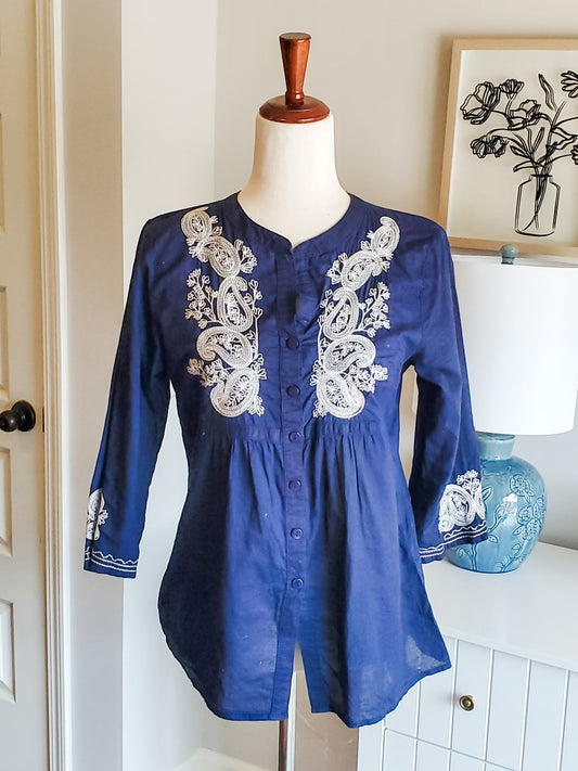 Navy Embroidered Cotton Button Up S