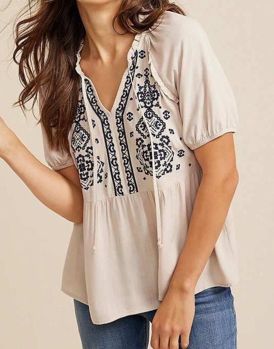 Tan Navy Embroidered Top XL