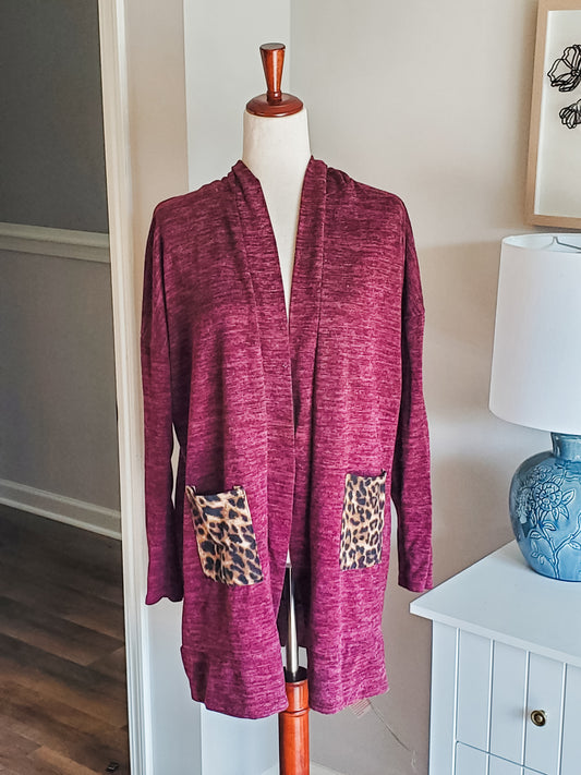 Burgundy Cardigan with Animal Print Pockets M/L
