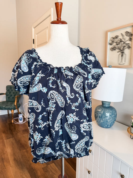 Navy Print Cotton Top PXL
