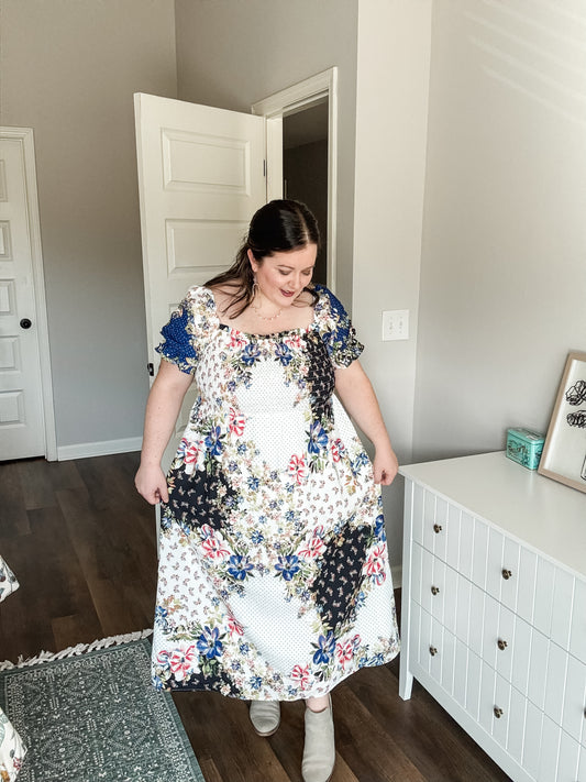 White Smocked Floral Polka Dot Dress