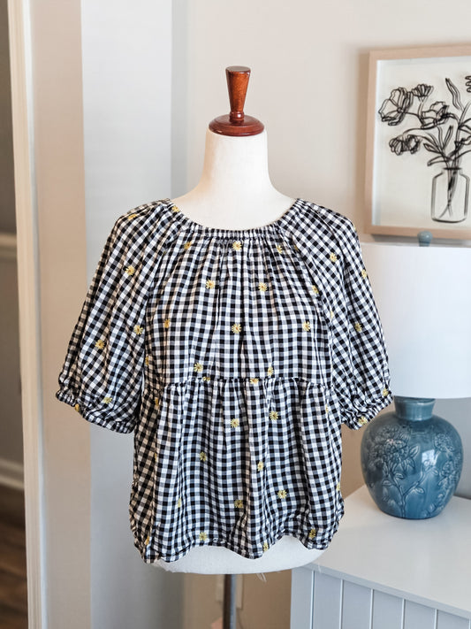 Black Gingham Embroidered Top M