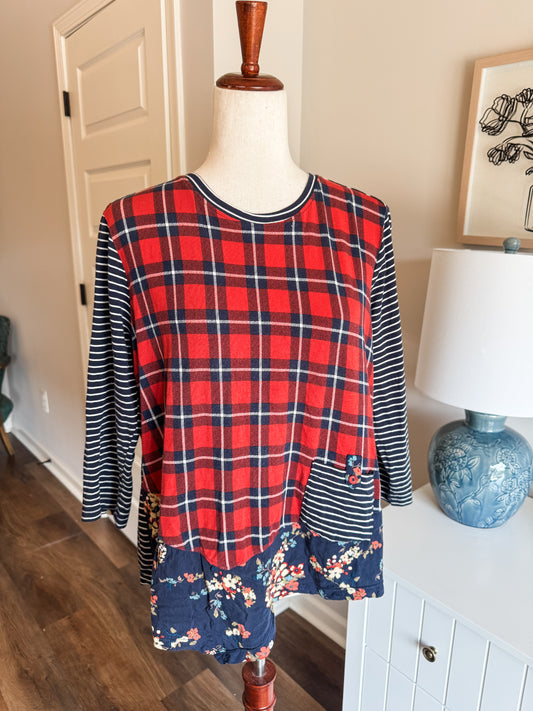 Navy Red Striped Floral Plaid Top PL