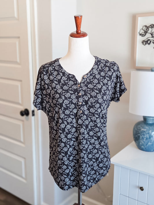 Black White Floral Top M