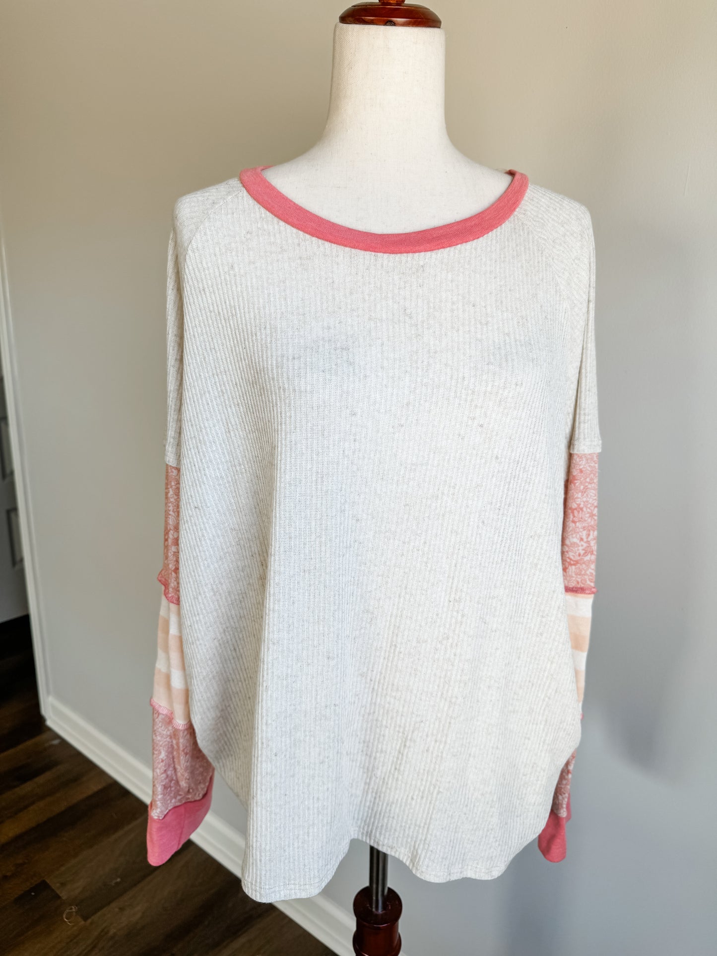 Oatmeal Pink Print Sleeve Top 2X