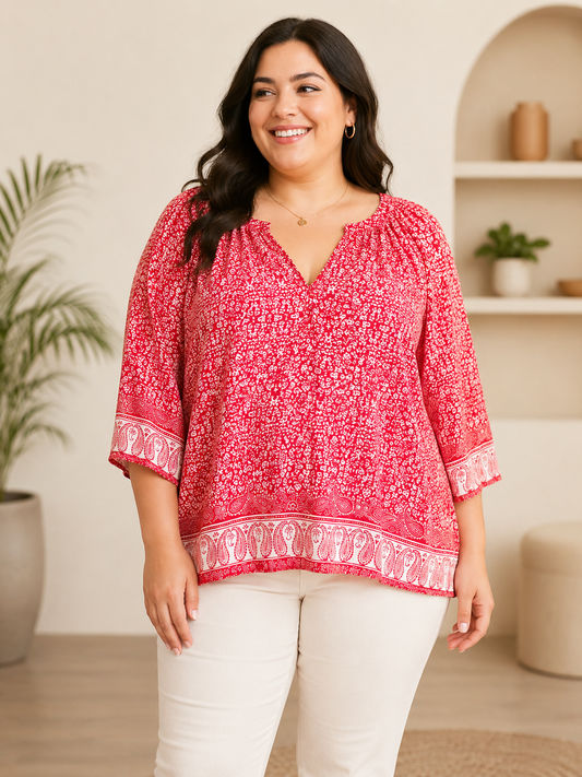 Red White Print Top 1X