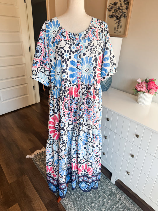 Pink Blue Black White Print Maxi Dress XL