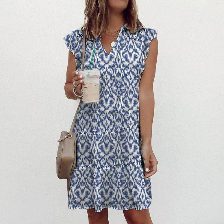 Blue White Print Dress S