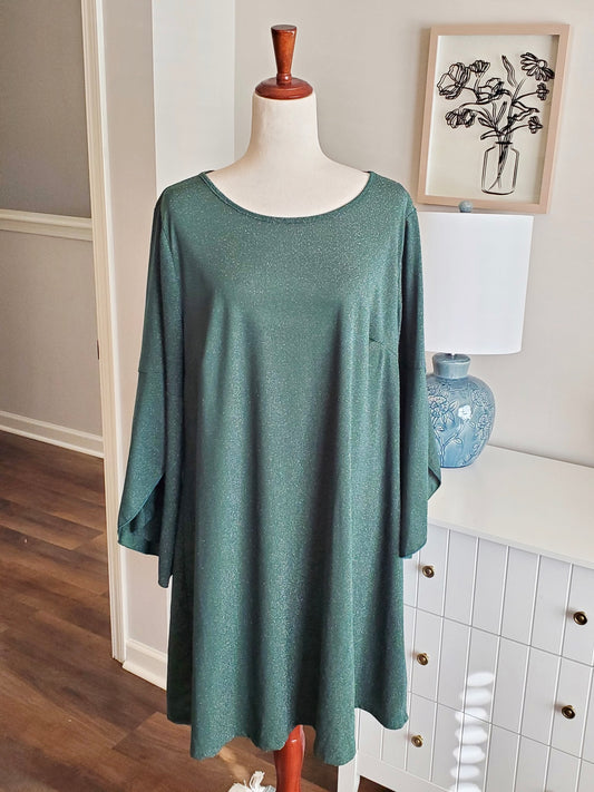 Green Sparkly Bell Sleeve Dress 2X