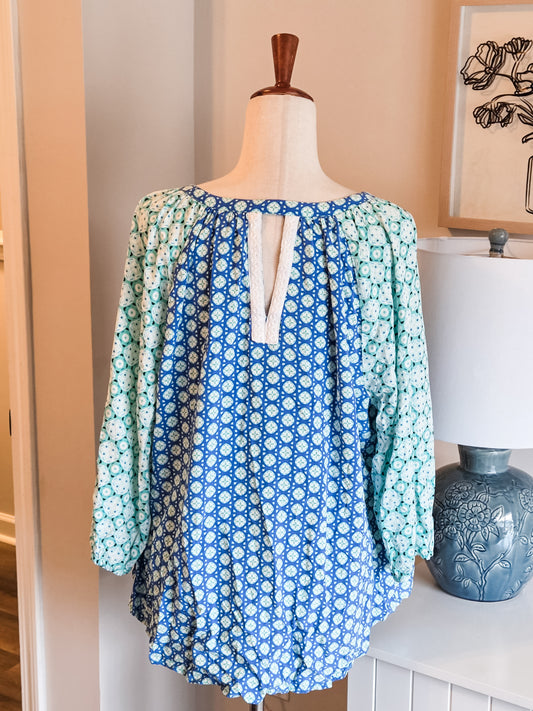 Mint Blue Print Blouse 2X