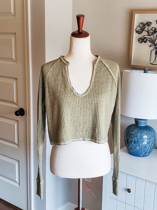 Green Waffle Knit Crop Top M
