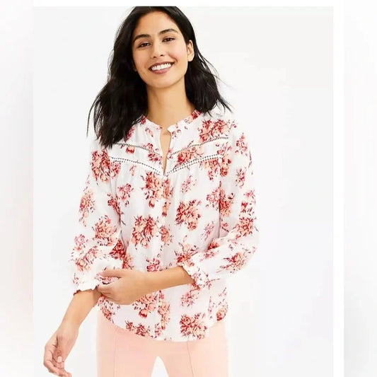 White Pink Floral Cotton Top S