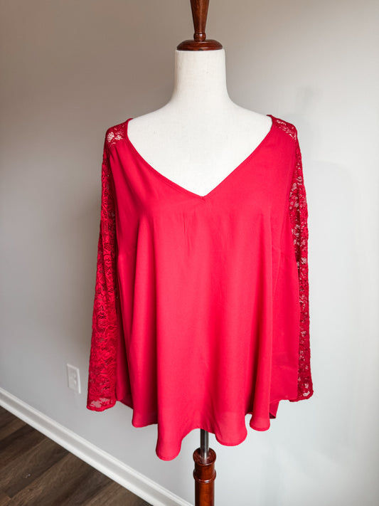 Red Lace Sleeve Top 1X