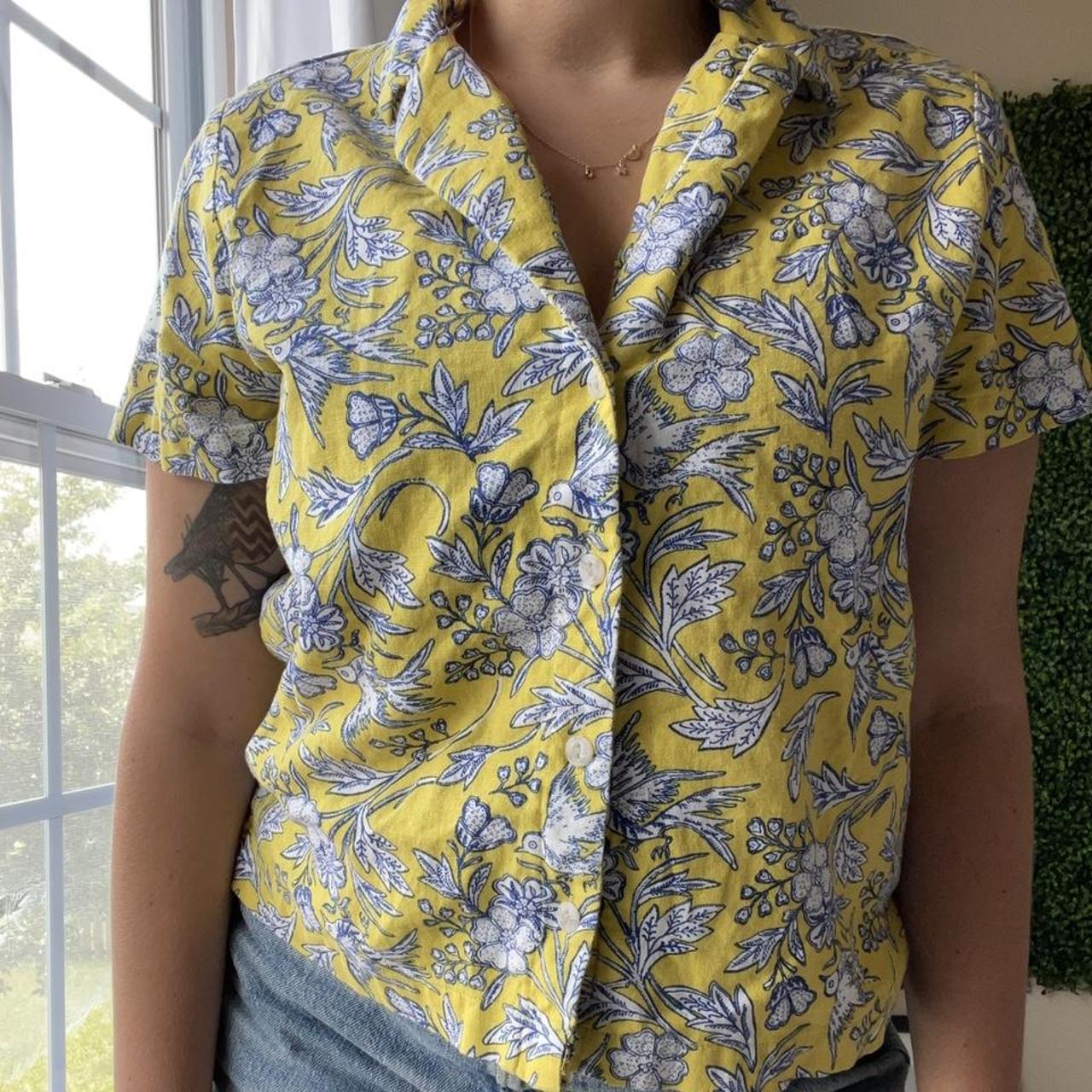 Yellow Blue Bird Print Button Up L