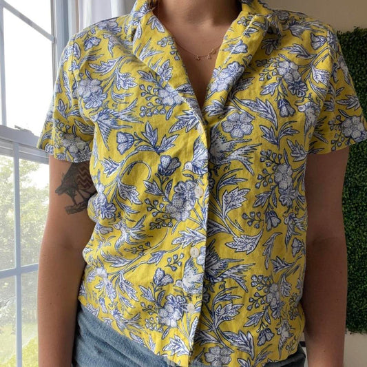 Yellow Blue Bird Print Button Up L