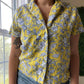 Yellow Blue Bird Print Button Up L