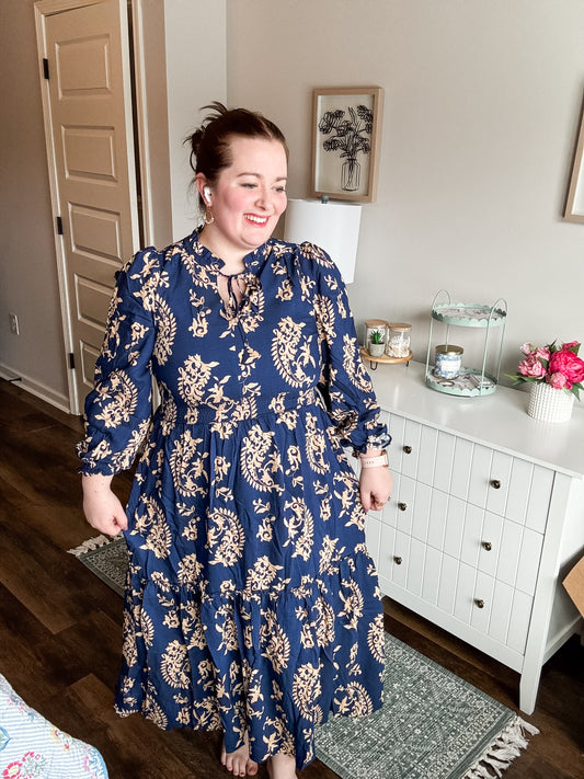 NEW Navy Tan Print Dress